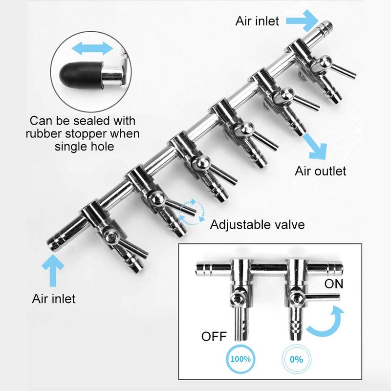 Hffheer Fish Air Aquarium Air Control Lever Valve Distributor Fish Air Splitter Stainless Steel Air Tubing Connector Splitter (6 Way) - Image 1